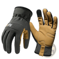 Black and tan work gloves with reinforced palm patches and snug wrist cuff designed for touch screen and breathable dexterity