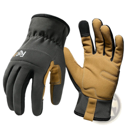 Black and tan work gloves with reinforced palm patches and snug wrist cuff designed for touch screen and breathable dexterity