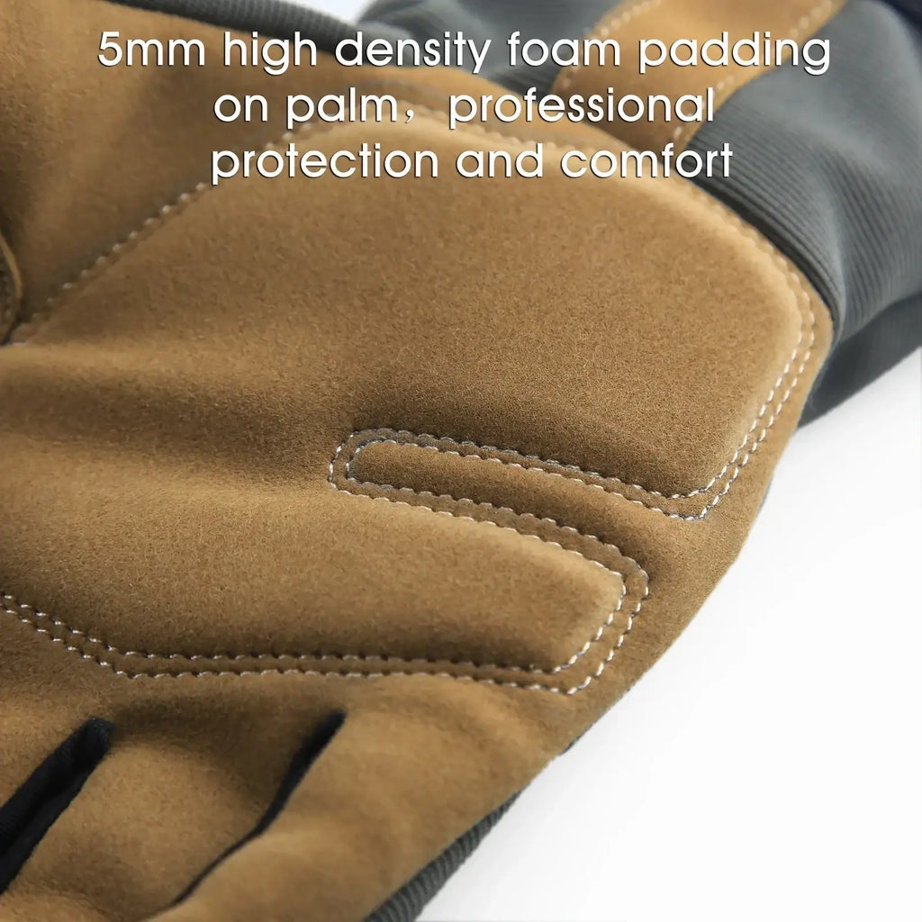 Tan suede work glove with 5mm high-density foam palm padding for protection in touch screen breathable dexterity use