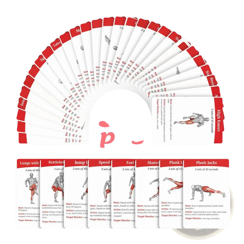 Set of 36 red and white workout cards fitness exercise deck featuring illustrated movements for home and gym use
