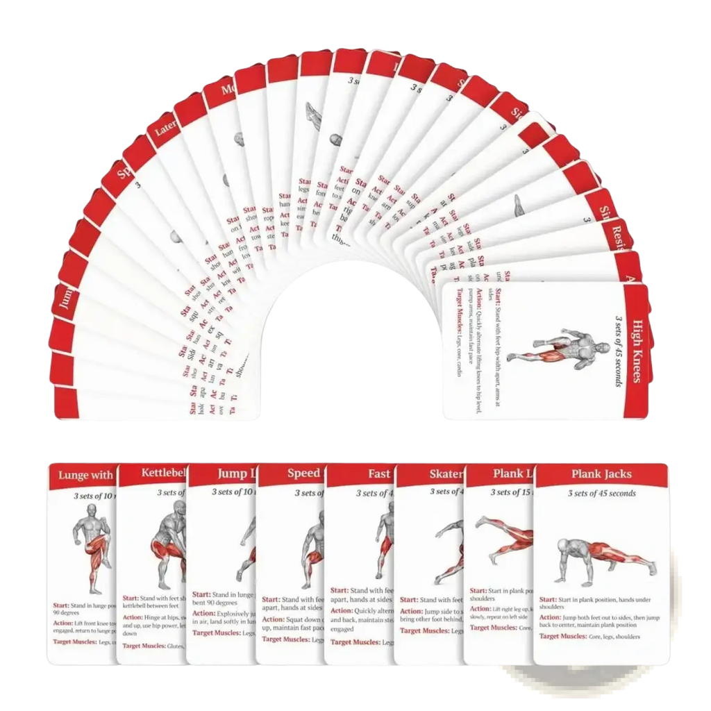 Set of red and white workout cards fitness exercise deck featuring anatomical illustrations and movement guidelines for home and gym use