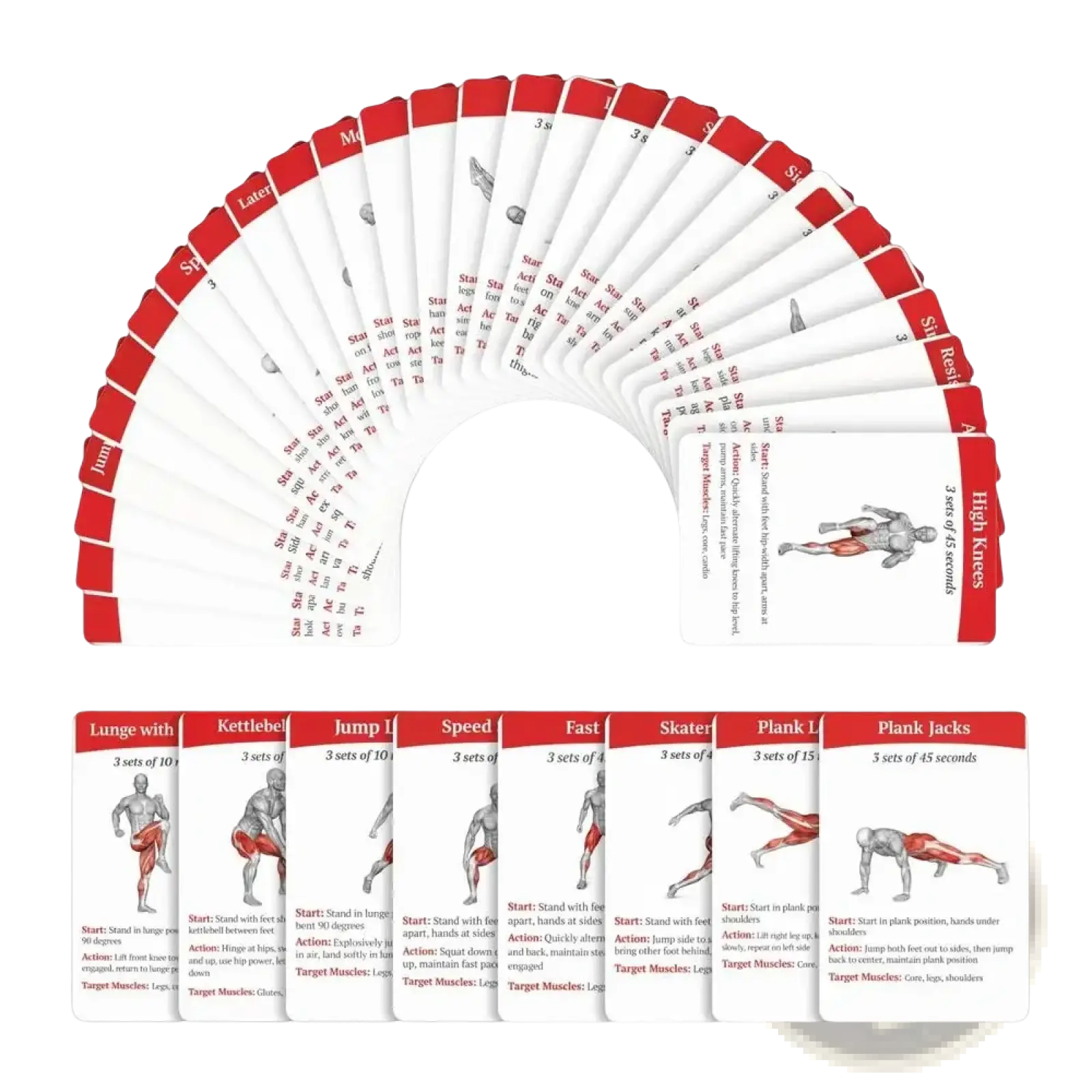 Set of red and white workout cards fitness exercise deck featuring anatomical illustrations and movement guidelines for home and gym use