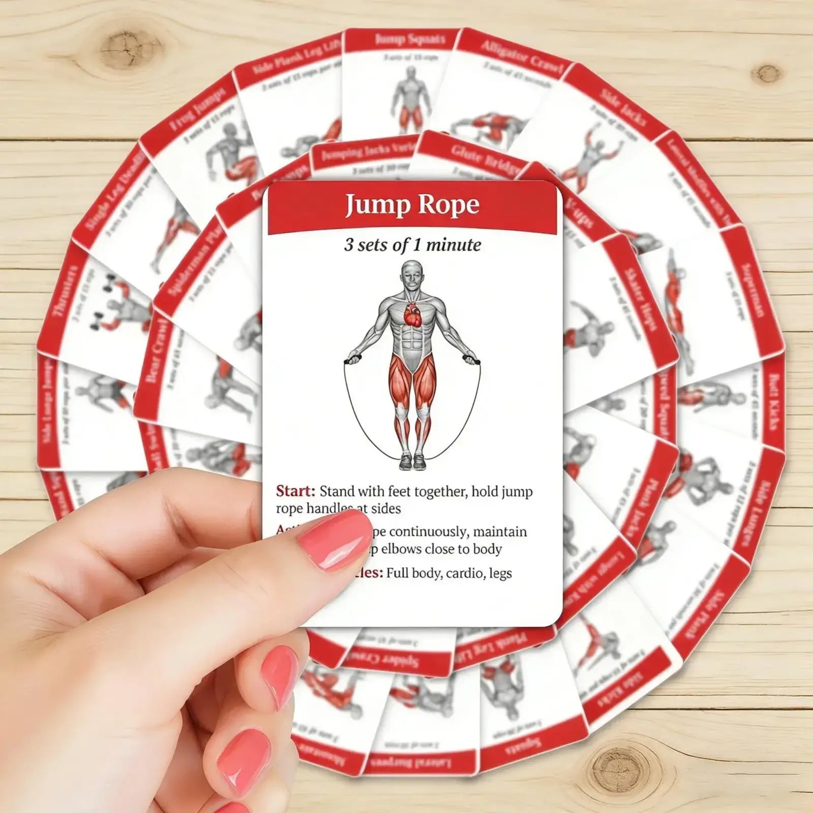 Red and white jump rope exercise instruction card from workout cards fitness exercise deck for home and gym use