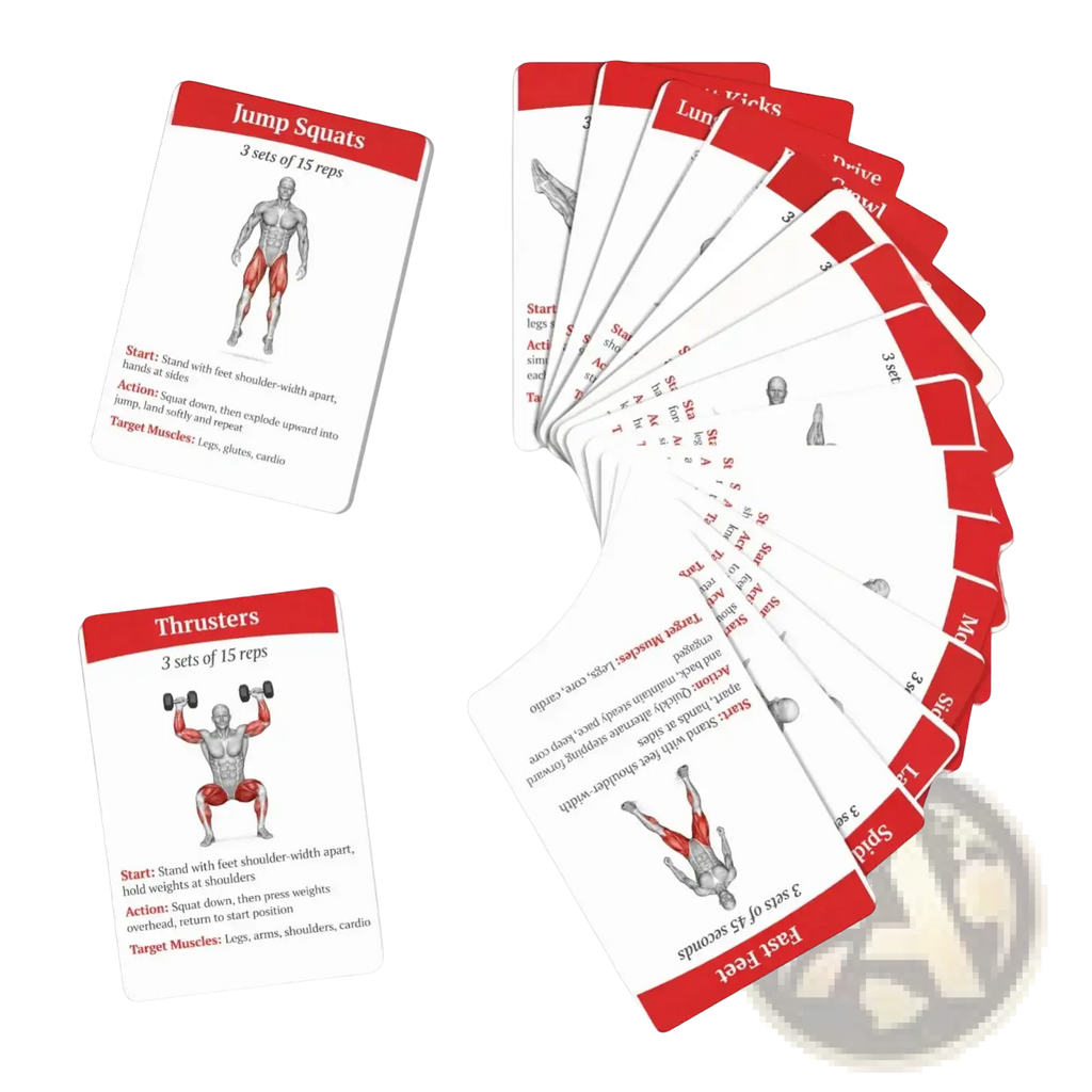 Red and white Workout Cards fitness exercise deck featuring illustrated workout routines for home and gym use