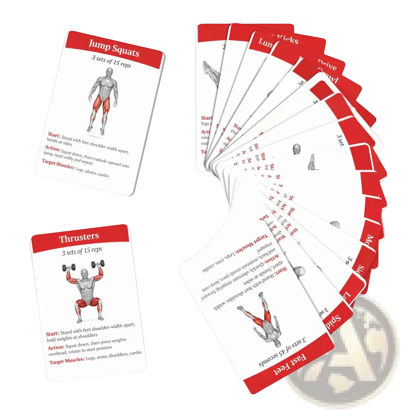 Red and white Workout Cards fitness exercise deck featuring illustrated workout routines for home and gym use