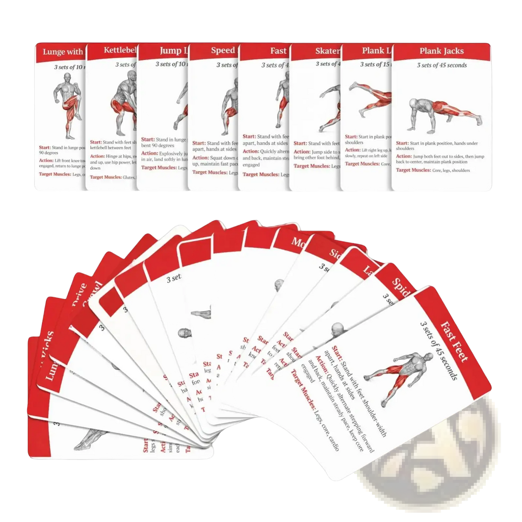 Red and white workout cards fitness exercise deck featuring illustrated routines for home and gym use
