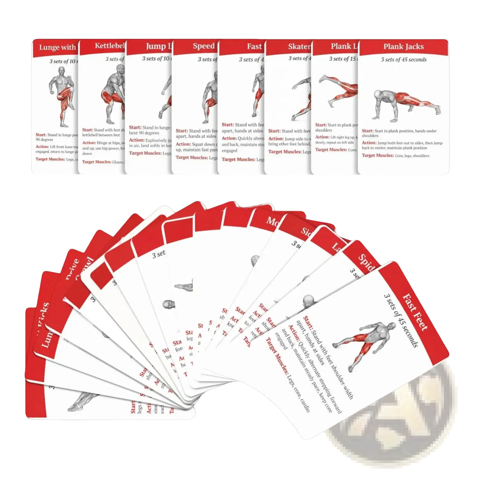 Red and white workout cards fitness exercise deck featuring illustrated routines for home and gym use