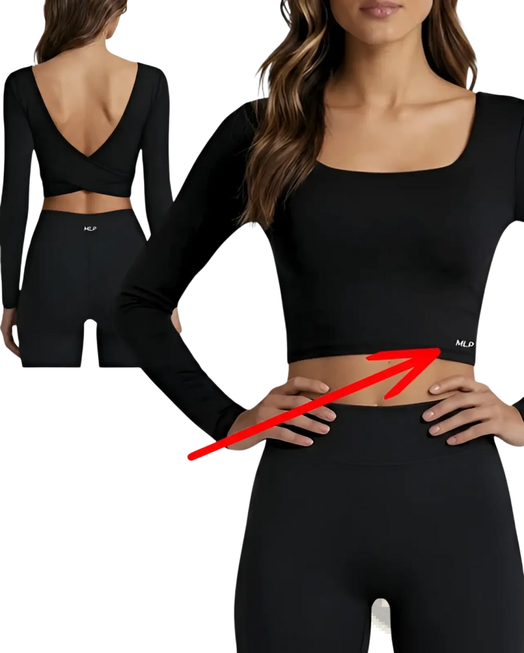 Black long-sleeved workout crop top with square neckline back cutout and silver silicon mlp logo on lower front