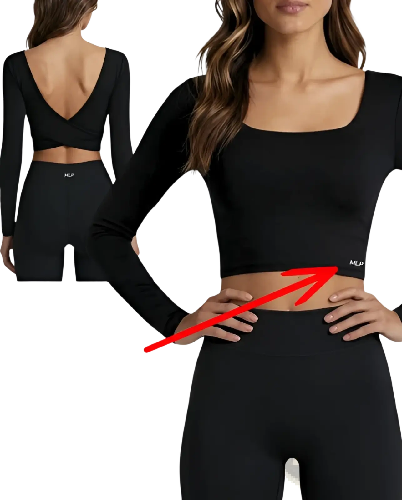 Black long-sleeved workout crop top with square neckline back cutout and silver silicon mlp logo on lower front