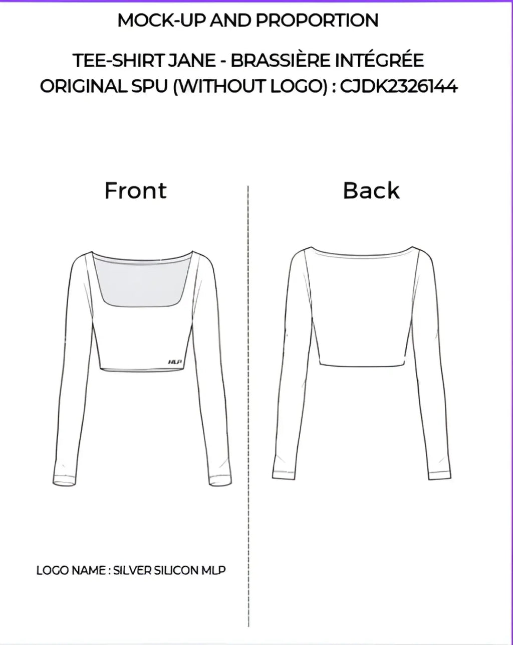 Workout crop top long sleeve black with silver silicone logo made of silicone featuring integrated brassiere