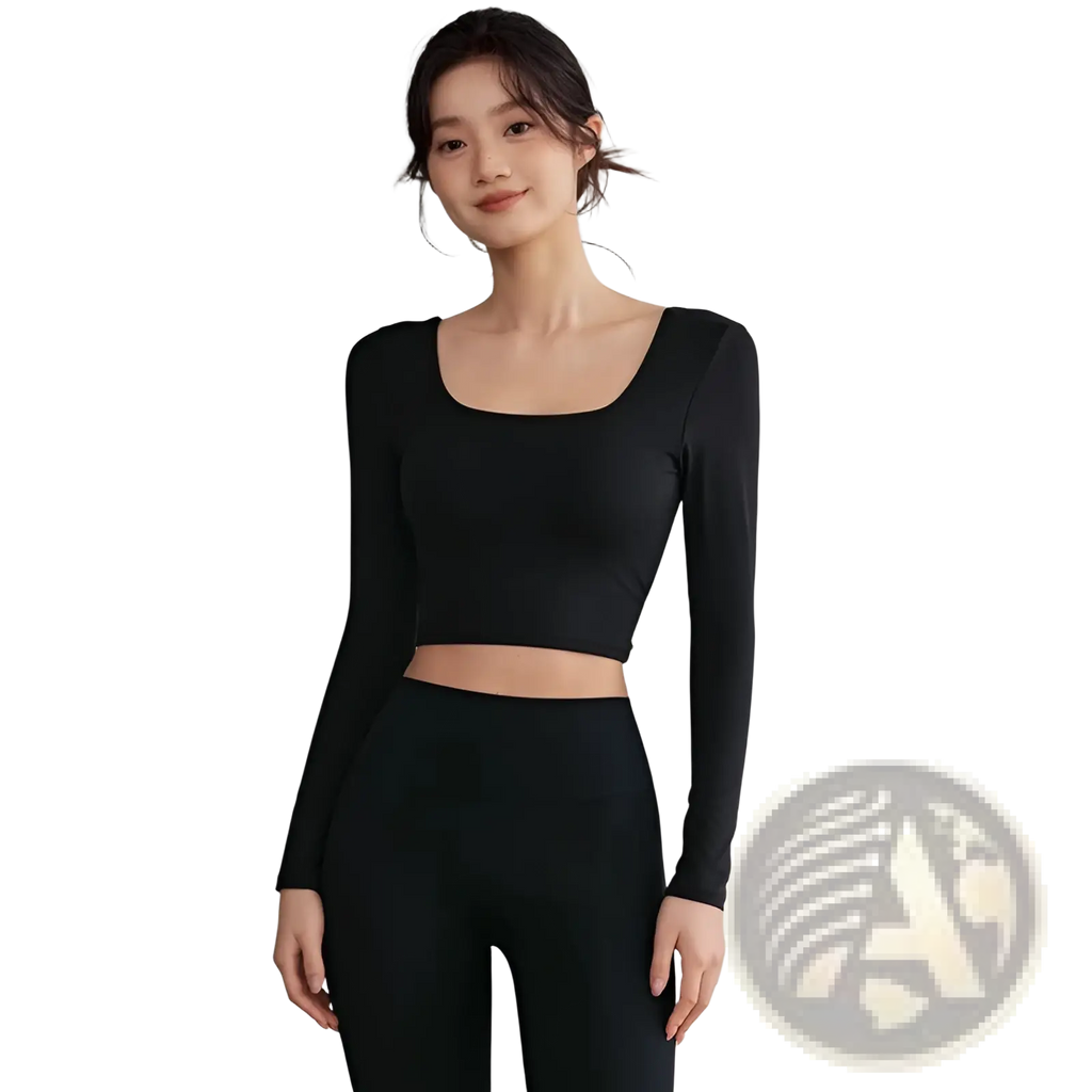 Black long-sleeved workout crop top with square neckline and form-fitting design for activewear