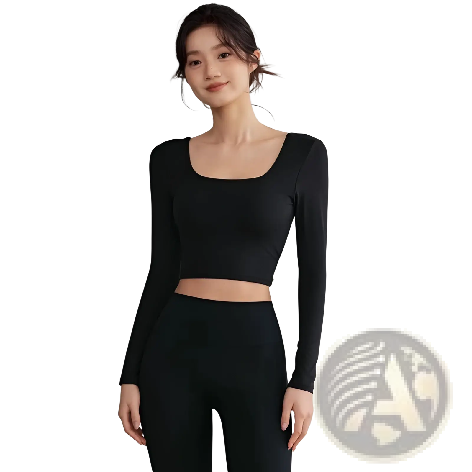 Black long-sleeved workout crop top with square neckline and form-fitting design for activewear