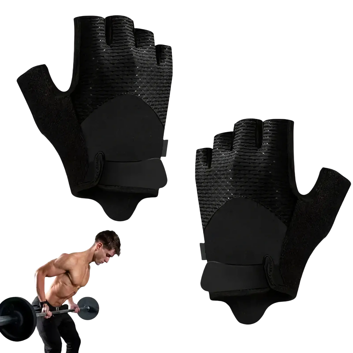 Black fingerless workout gloves with textured mesh palms and padded wrist straps for enhanced fitness grip