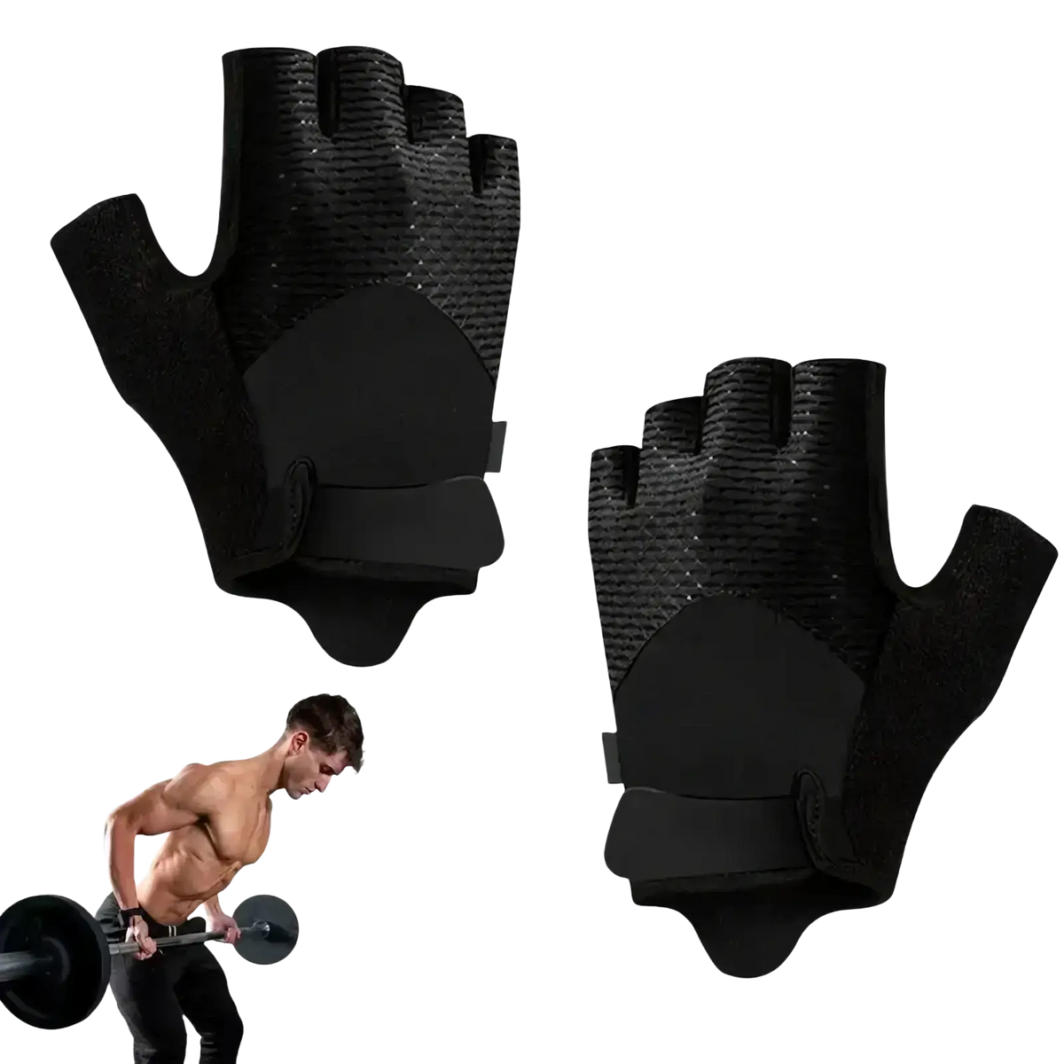 Black fingerless workout gloves with padded grip and adjustable wrist straps for fitness gear use