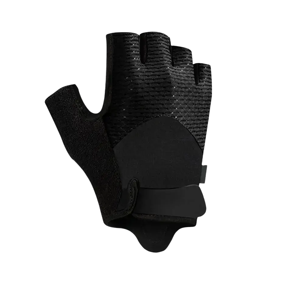 Black fingerless workout glove with padded palm and textured mesh for enhanced grip in fitness gear use