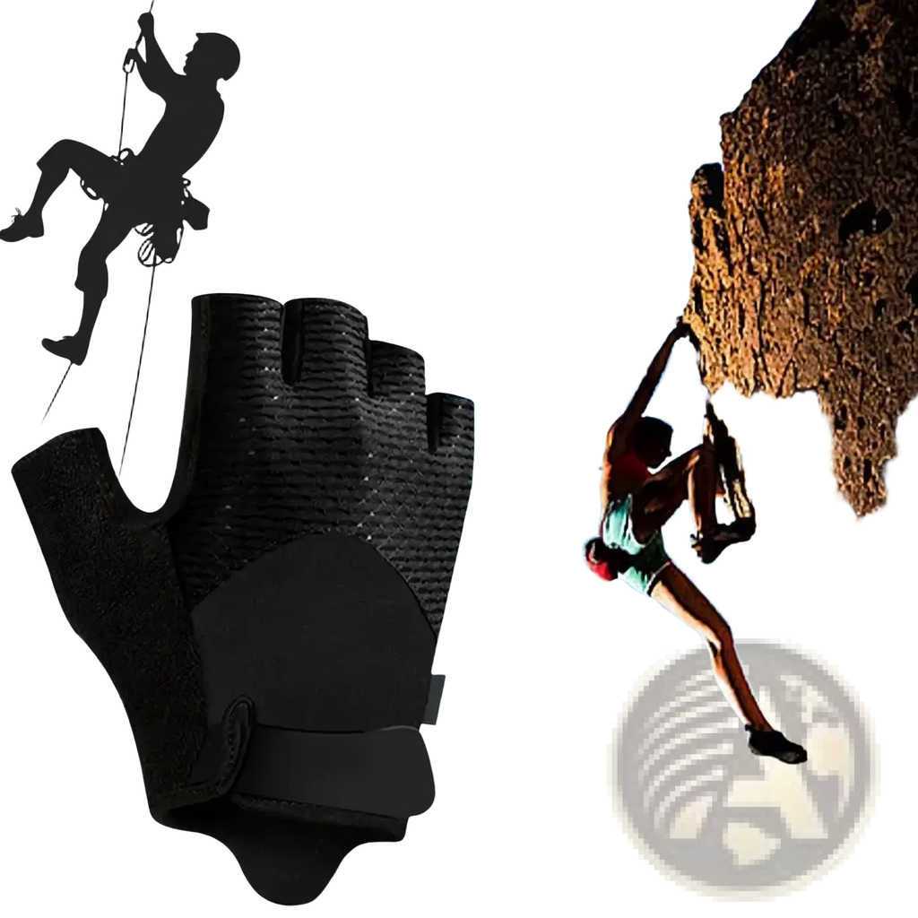 Black fingerless workout glove with padded textured grip and adjustable wrist strap for fitness and climbing gear