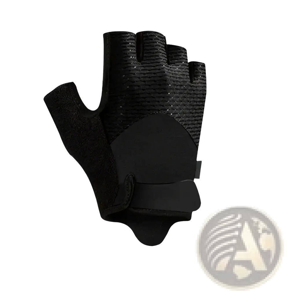 Black fingerless workout gloves with padded grip textured palm and padded wrist strap for fitness gear use