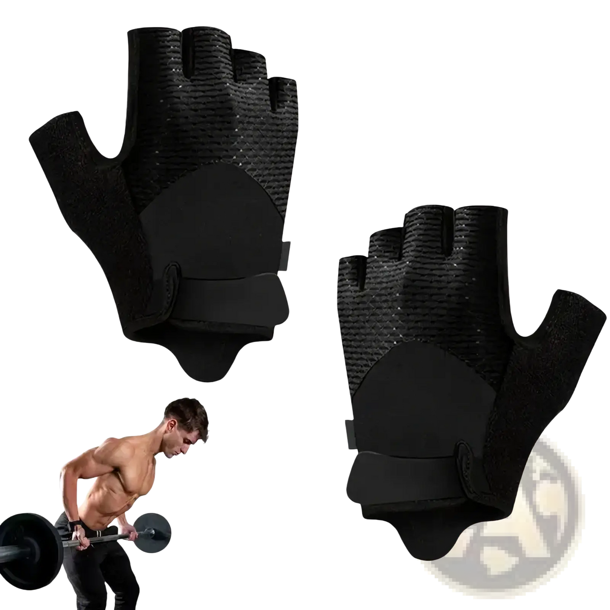 Black fingerless workout gloves with textured mesh palms and padded wrist straps for enhanced fitness grip