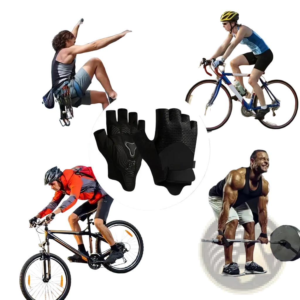 Black fingerless workout gloves with padded grip, textured design, and reinforced palm for fitness gear use