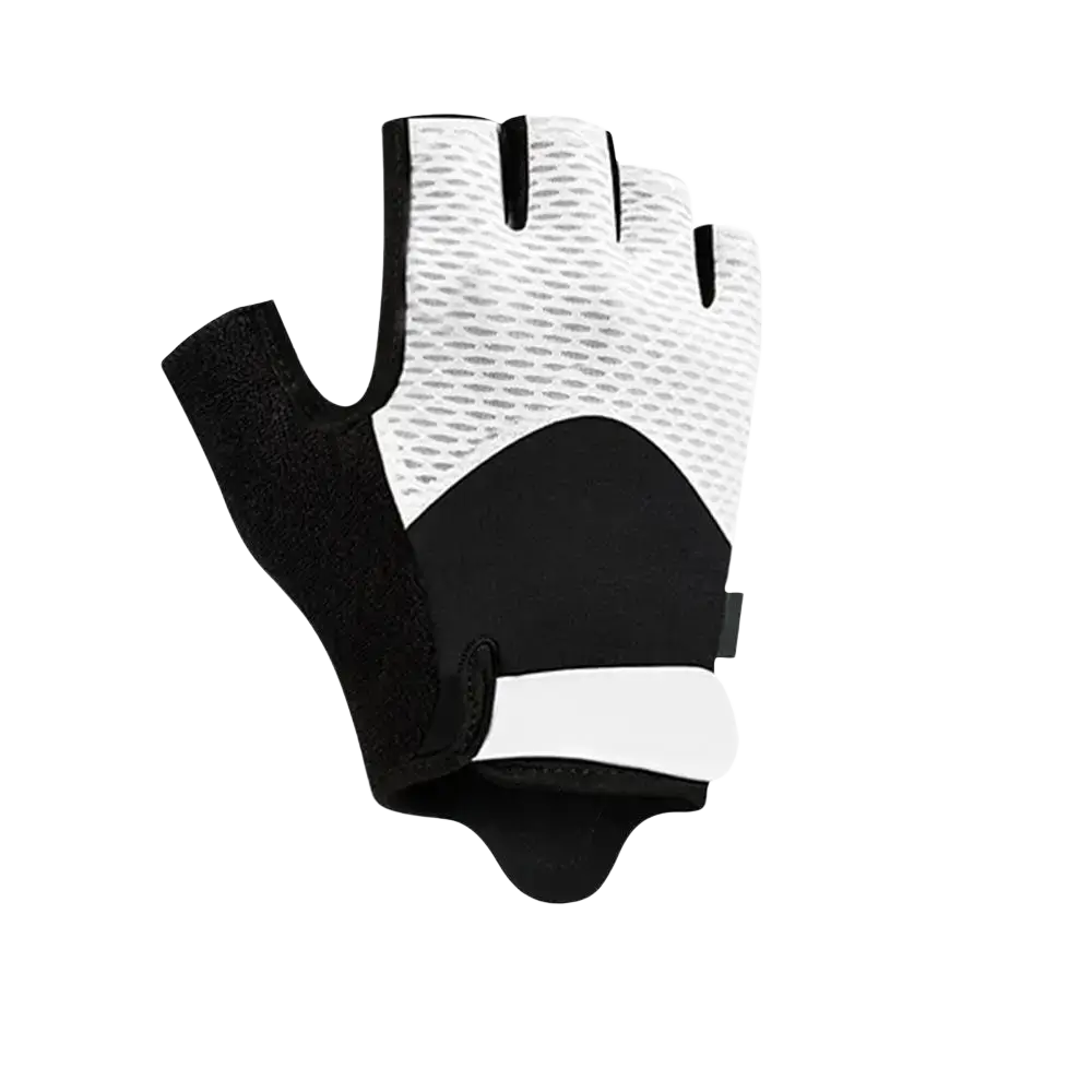 Workout gloves padded grip fitness gear showing black and white fingerless design with breathable mesh palm and reinforced backhand