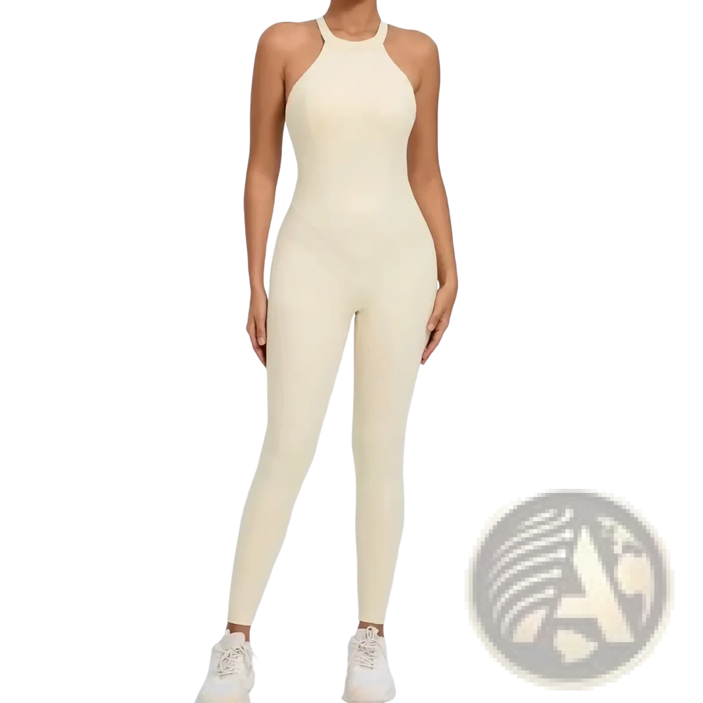 Cream-colored seamless one-piece workout jumpsuit with a halter neckline and open back design for athletic use