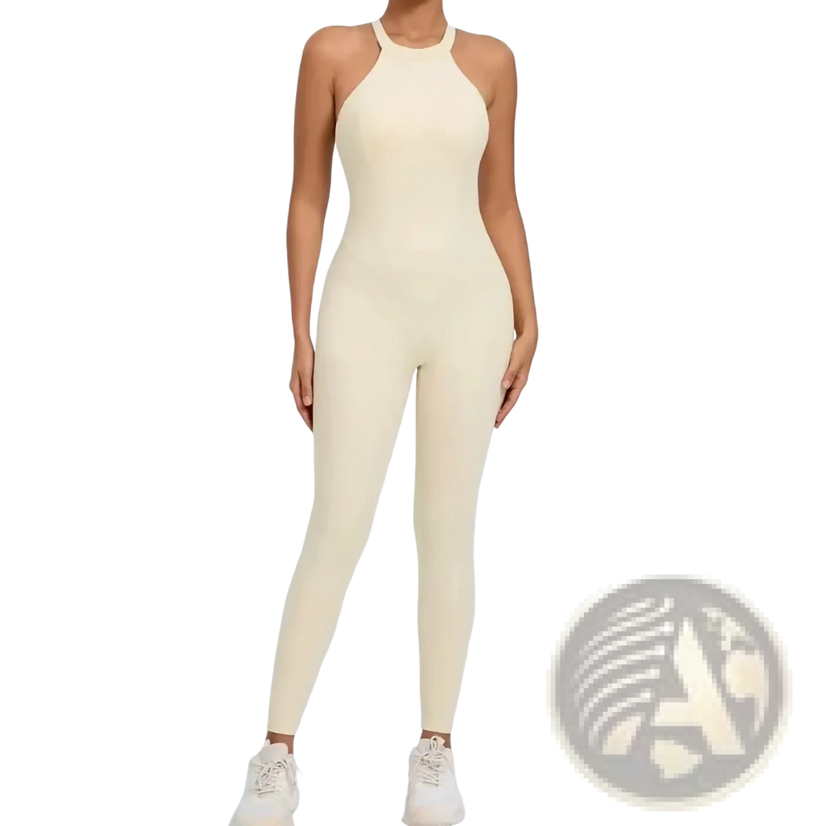 Cream-colored seamless one-piece workout jumpsuit with a halter neckline and open back design for athletic use