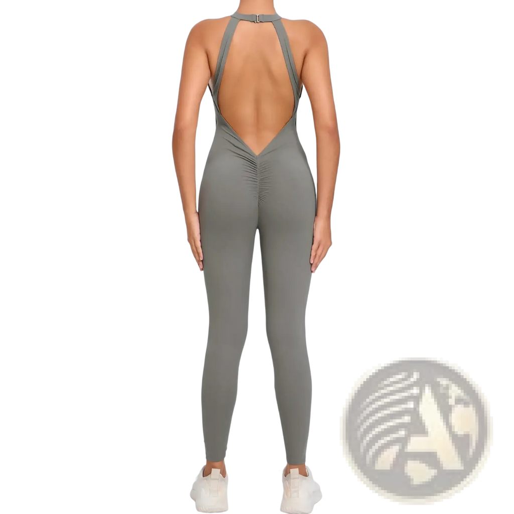 Back view of a sleek olive green one-piece athletic jumpsuit with halter neckline and open back design for workouts
