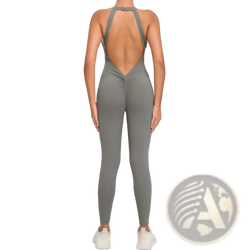 Back view of a sleek olive green one-piece athletic jumpsuit with halter neckline and open back design for workouts