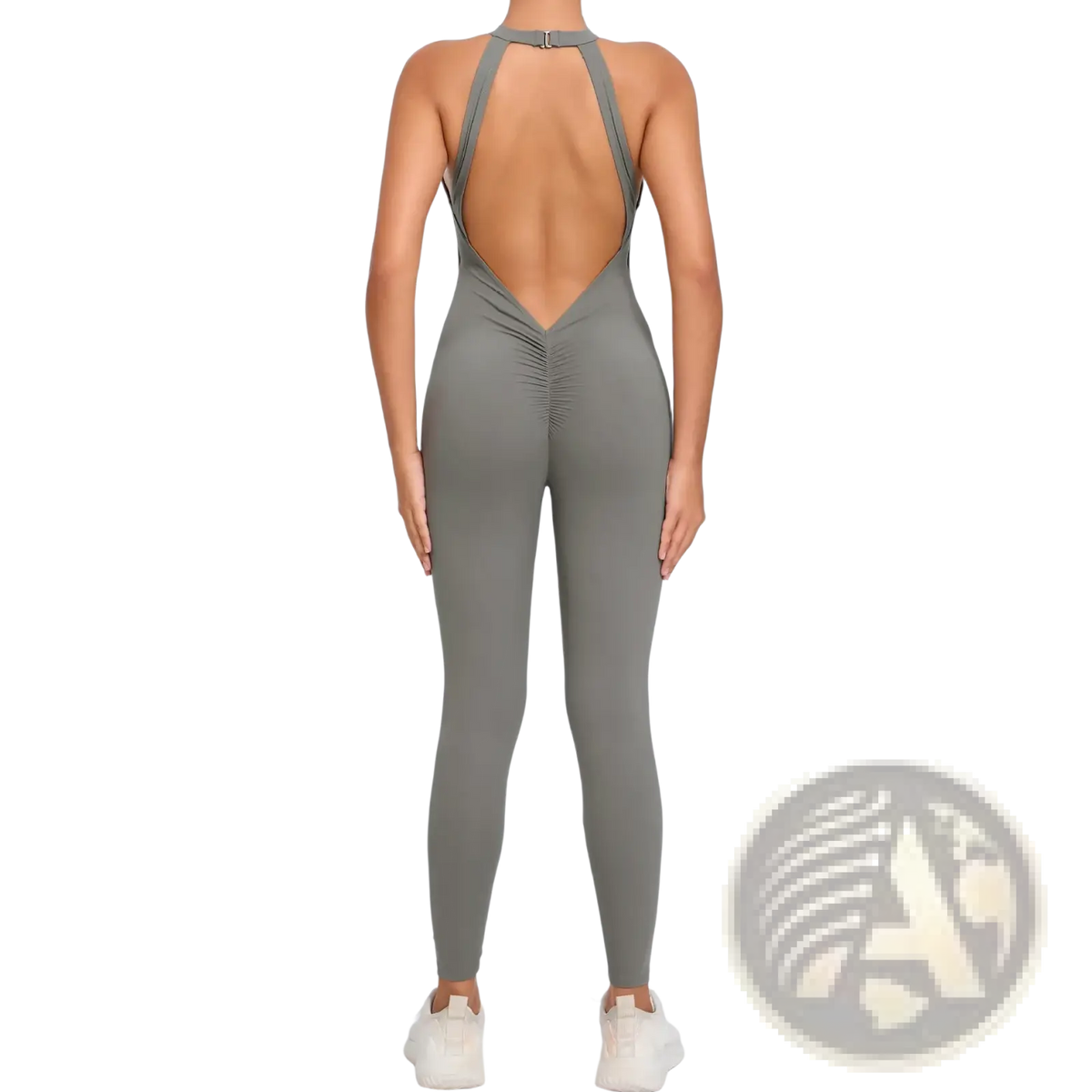 Back view of a sleek olive green one-piece athletic jumpsuit with halter neckline and open back design for workouts