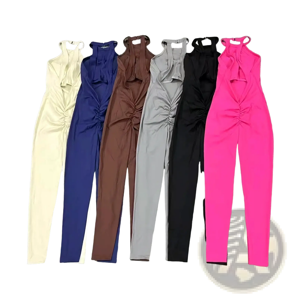 Six form-fitting workout jumpsuits in cream navy blue brown gray black and bright pink with open back design displayed