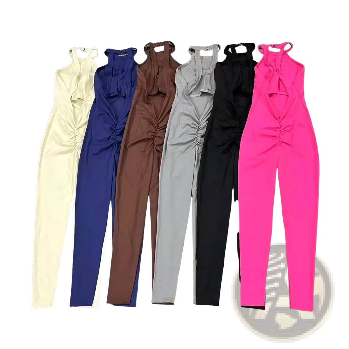 Six form-fitting workout jumpsuits in cream navy blue brown gray black and bright pink with open back design displayed