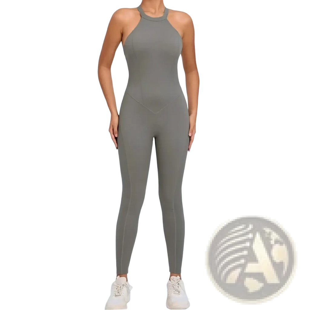 A sleek olive green high neck one-piece athletic jumpsuit made of stretchy fabric with a form fitting design