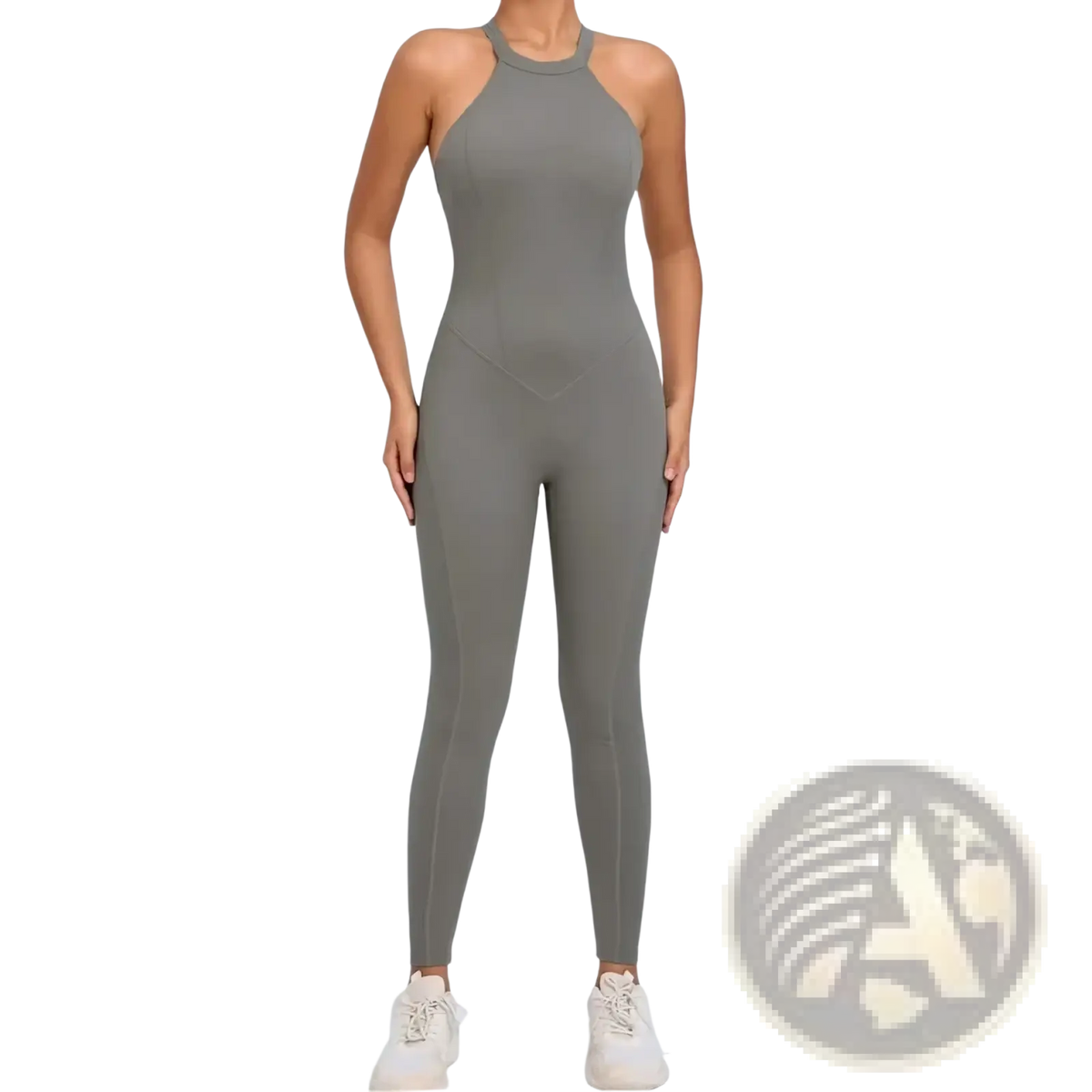 A sleek olive green high neck one-piece athletic jumpsuit made of stretchy fabric with a form fitting design