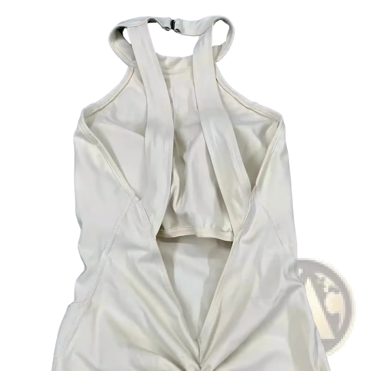Off-white workout jumpsuit with halter neckline and front zipper detail for athletic use
