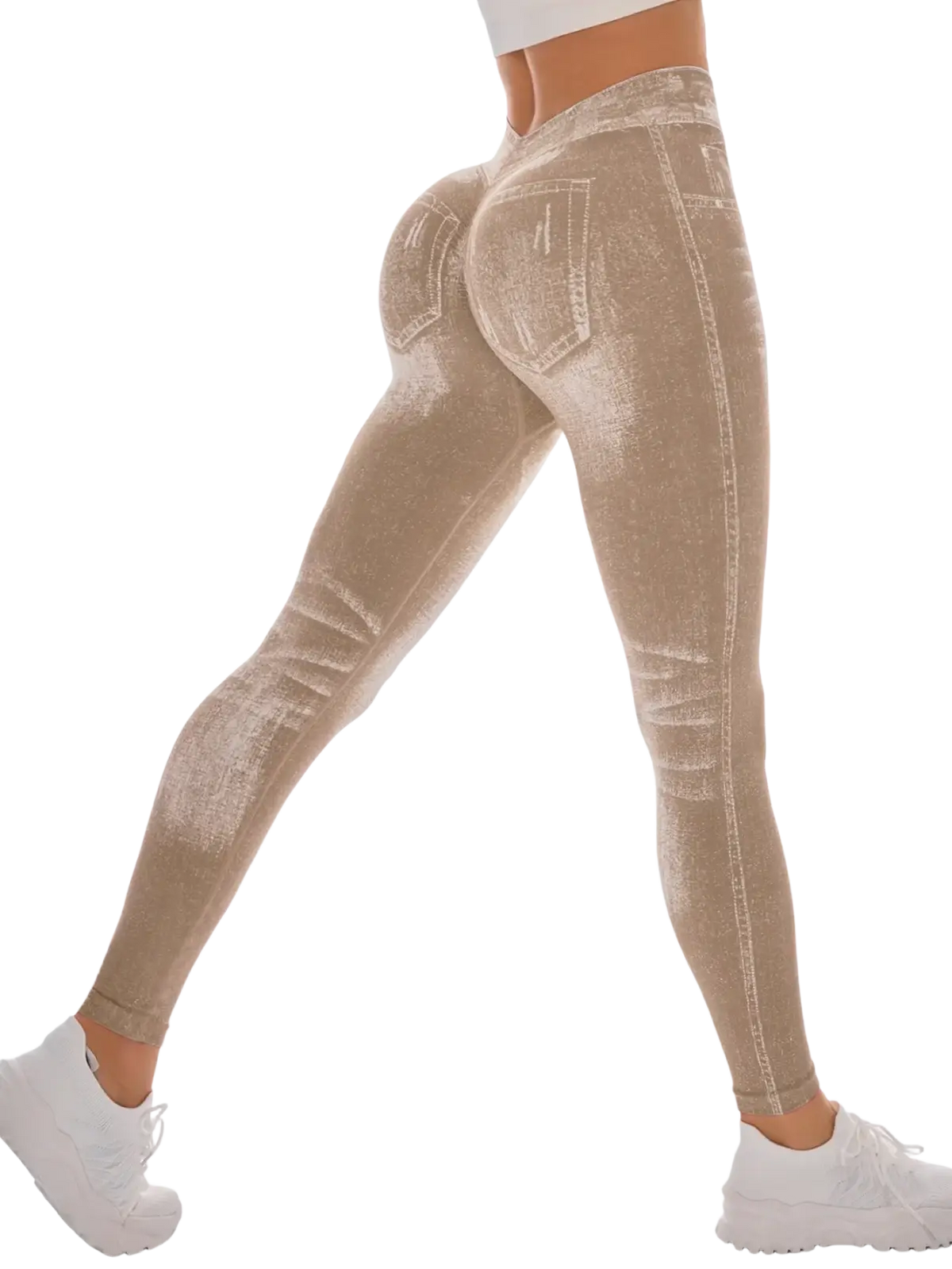Beige velvet high waisted booty lifting workout leggings with distressed denim design and faux stitching details