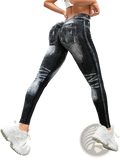 Black and gray distressed denim workout leggings with high waisted booty lifting design and snug form-fitting fit
