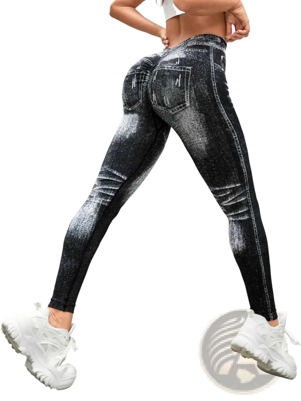 Black and gray distressed denim workout leggings with high waisted booty lifting design and snug form-fitting fit