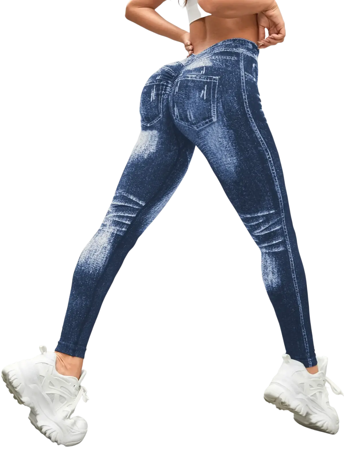 Blue denim-patterned workout leggings with high-waisted, booty lifting, form-fitting fitness pants design
