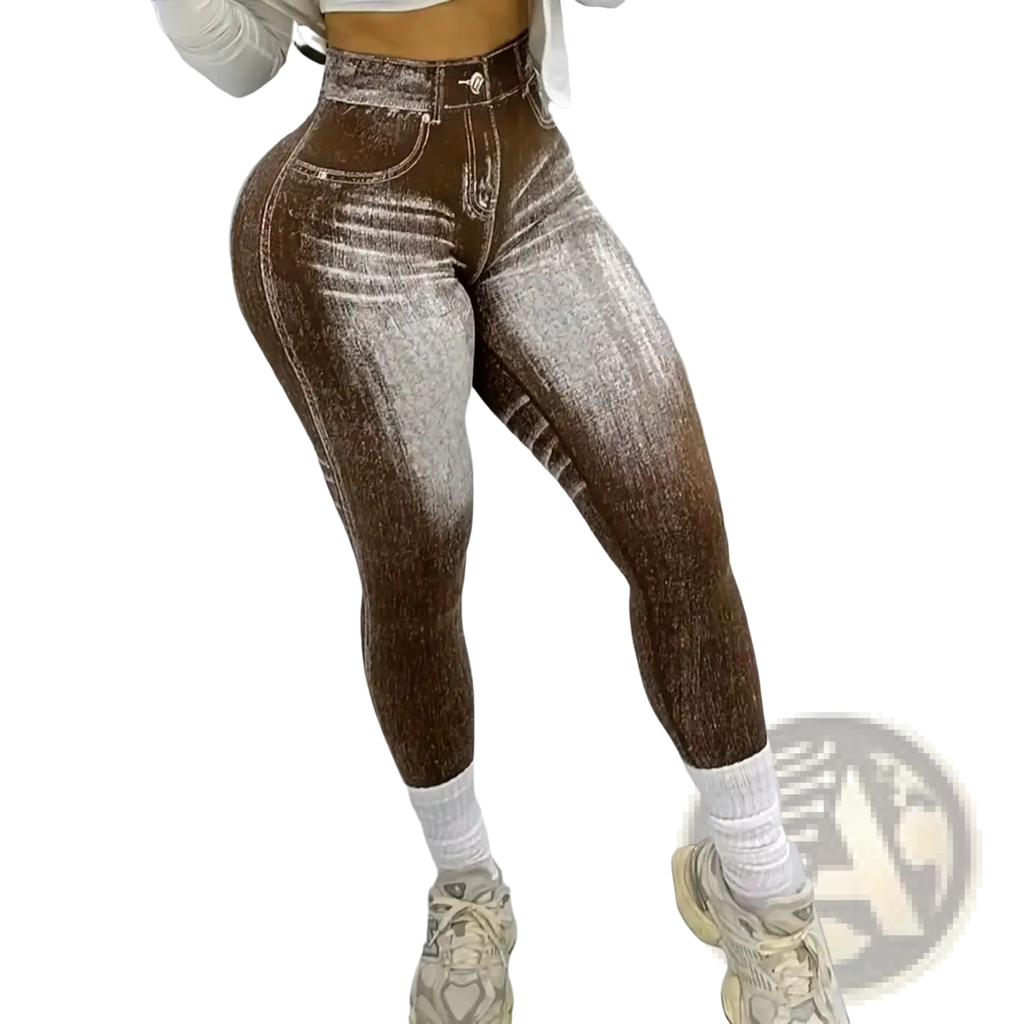 Workout leggings high waisted booty lifting fitness pants in brown and silver glittery denim style material