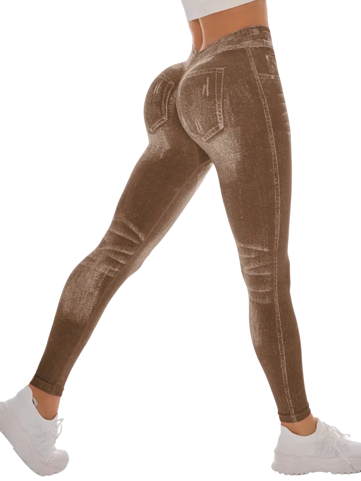 Brown denim-style workout leggings with high-waisted fitted design and faux stitching details for fitness use