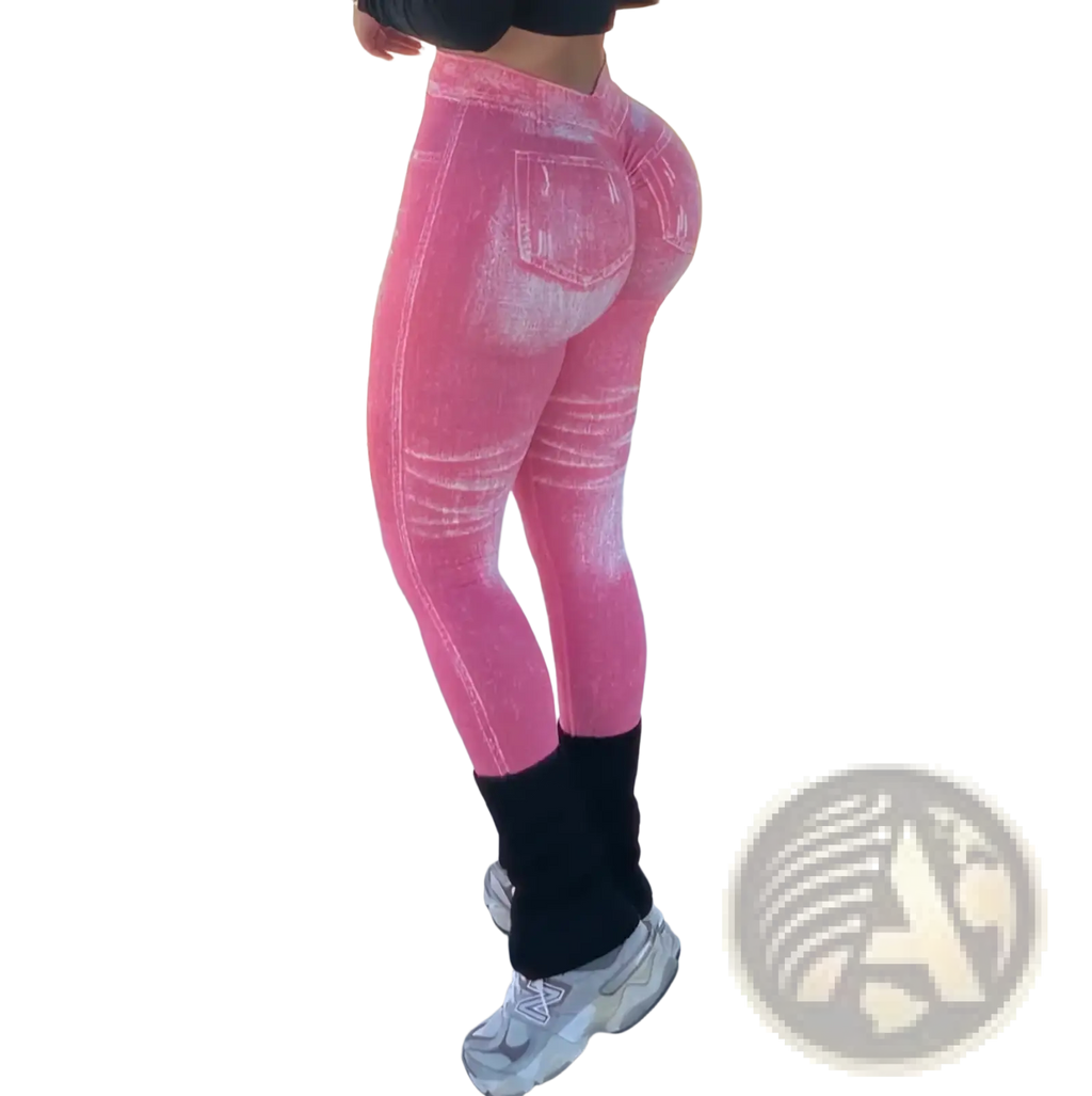 Pink denim-style high waisted booty lifting workout leggings with faded distressed look and black ankle cuffs