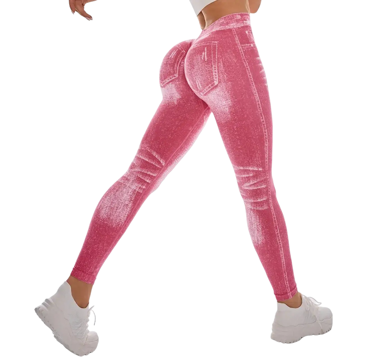 Pink denim-style workout leggings with high waist, booty lifting fit, textured and slightly faded finish, classic pockets