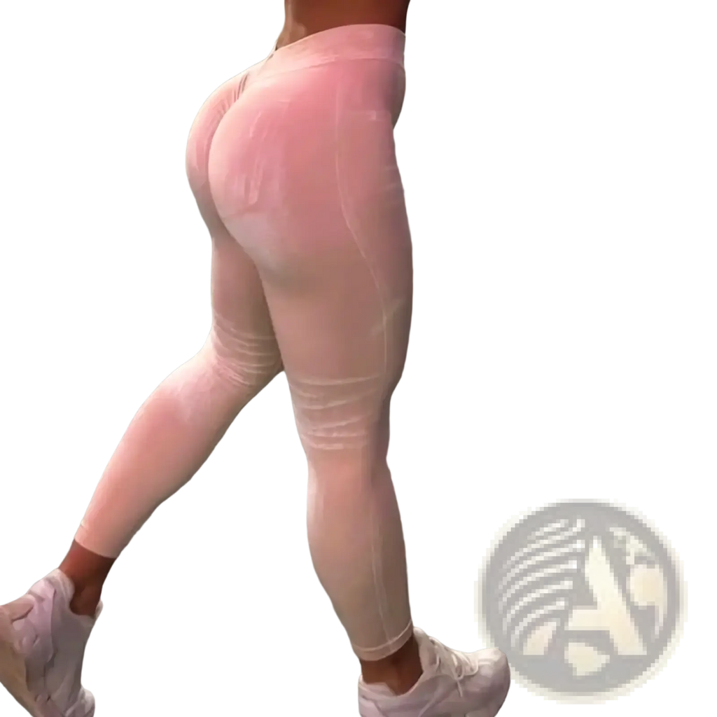 Pink high waisted workout leggings with booty lifting smooth form fitting fabric for fitness activities