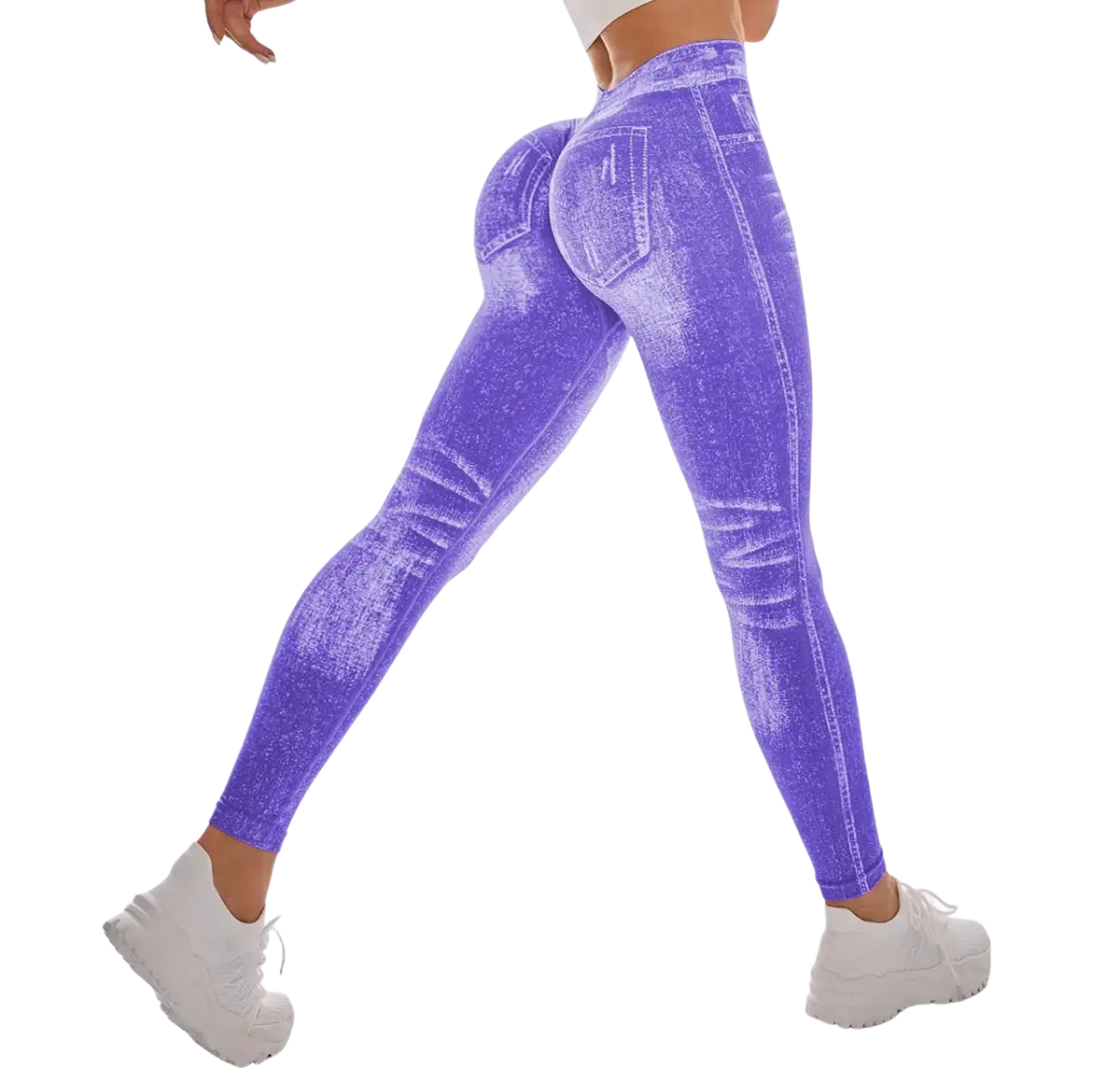 Purple high waisted workout leggings with shiny stretchy denim-patterned fabric and faux stitching details