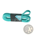 Teal workout resistance band 81.8 inches long 0.5 inch wide with black label featuring exercise illustration and chinese characters
