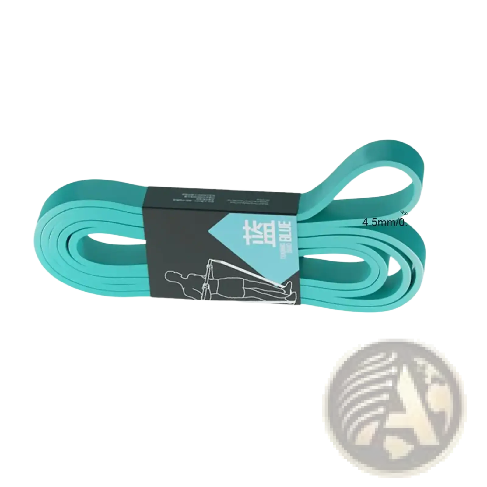 Teal workout resistance band 81.8 inches long 0.5 inch wide with black label featuring exercise illustration and chinese characters