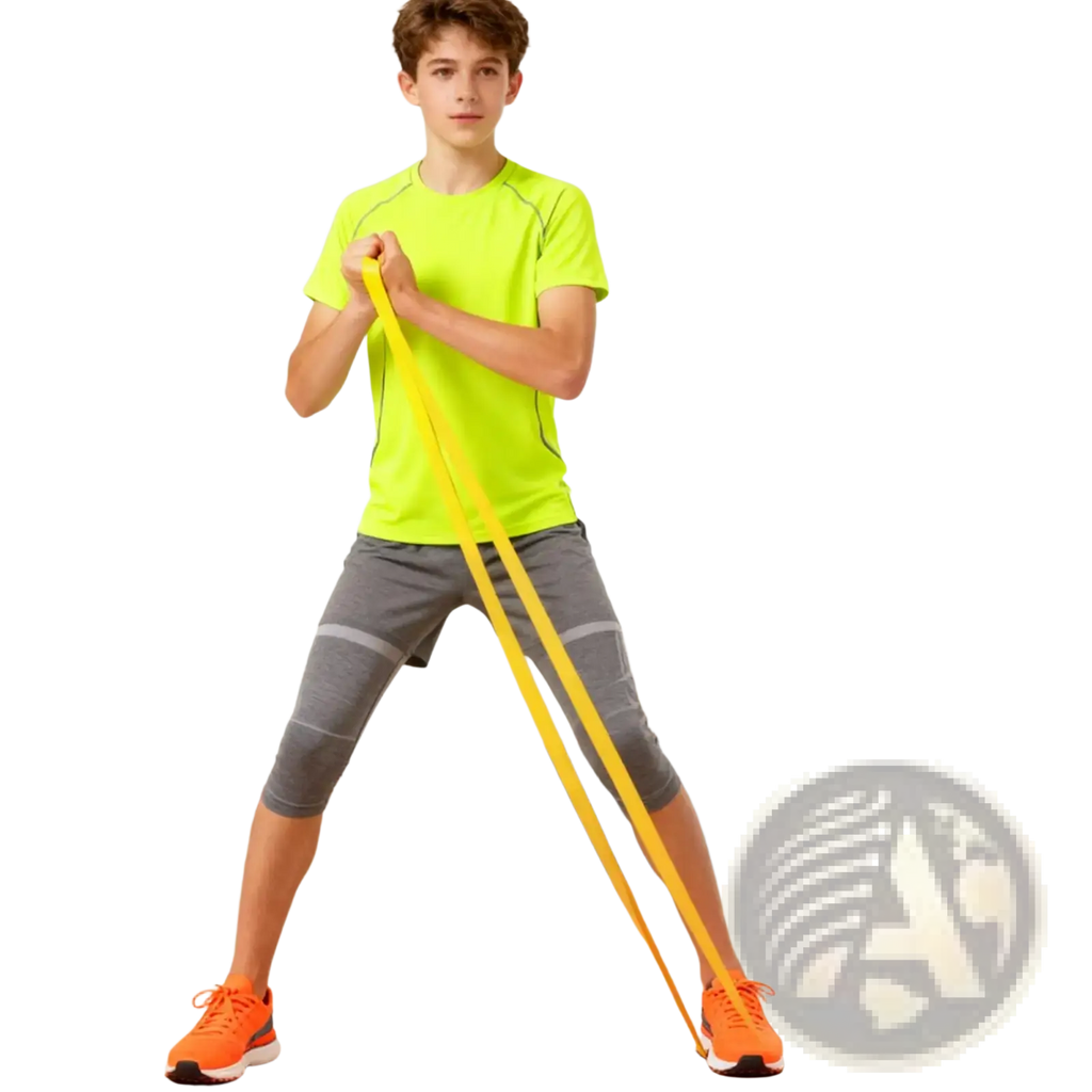 Bright yellow elastic workout resistance band held taut by a young man for strength training exercises