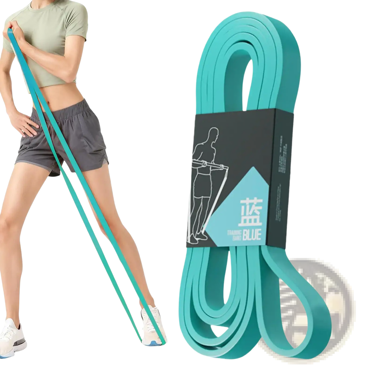 Teal workout resistance band coiled with black label featuring chinese characters and the word blue for strength training