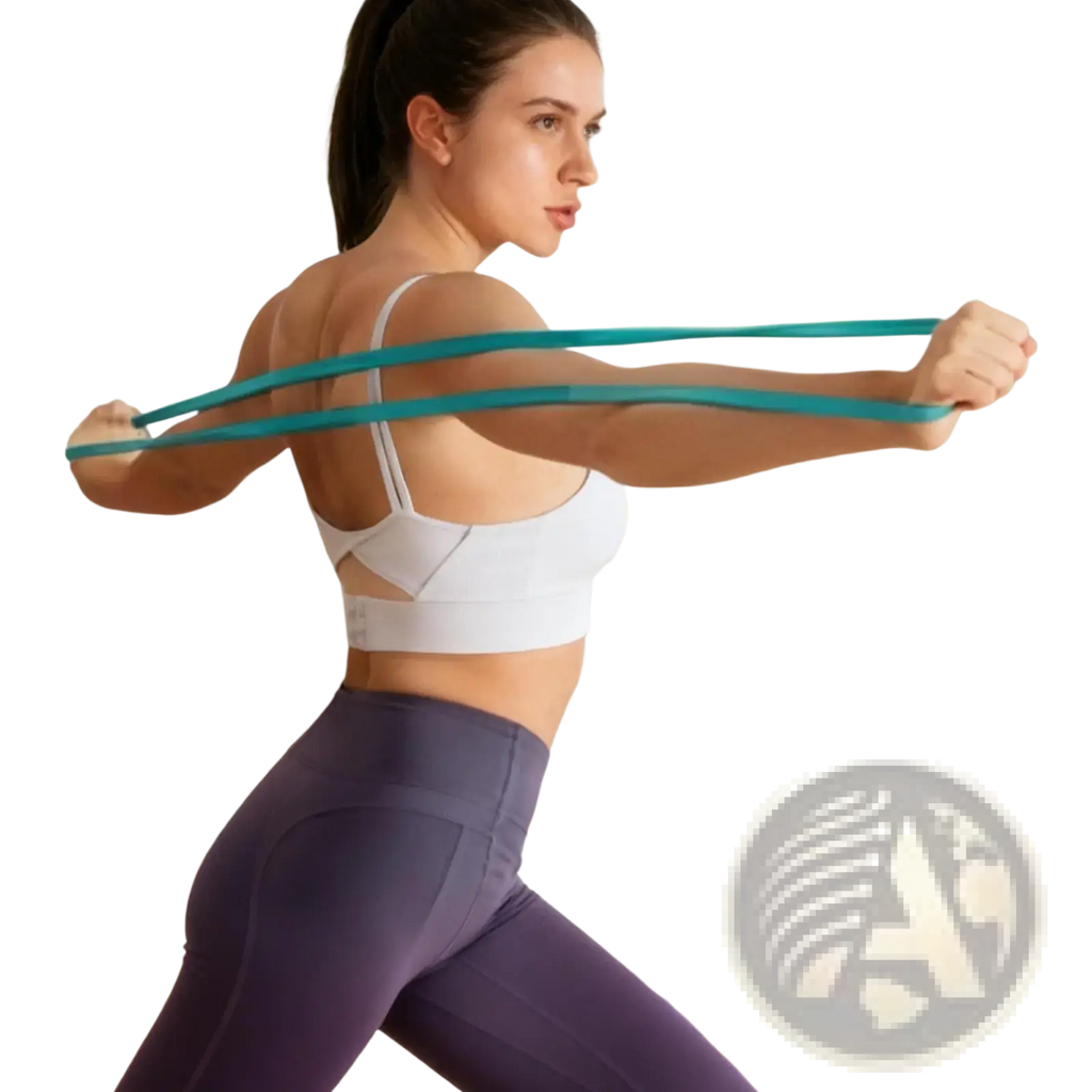 Teal latex workout resistance band held taut by a woman in workout attire for strength training exercises