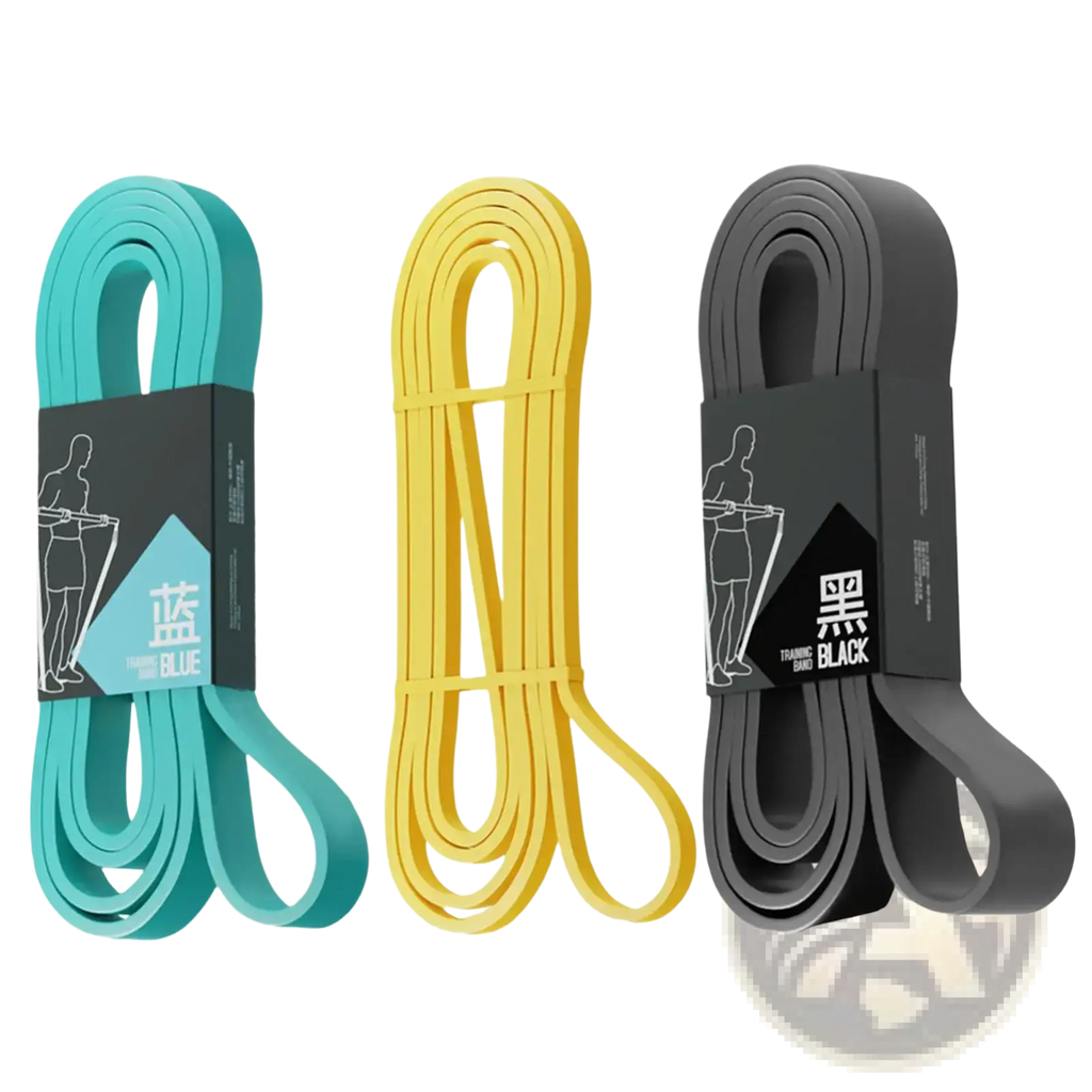 Workout resistance bands for strength training in teal yellow and black with branded packaging and coiled design